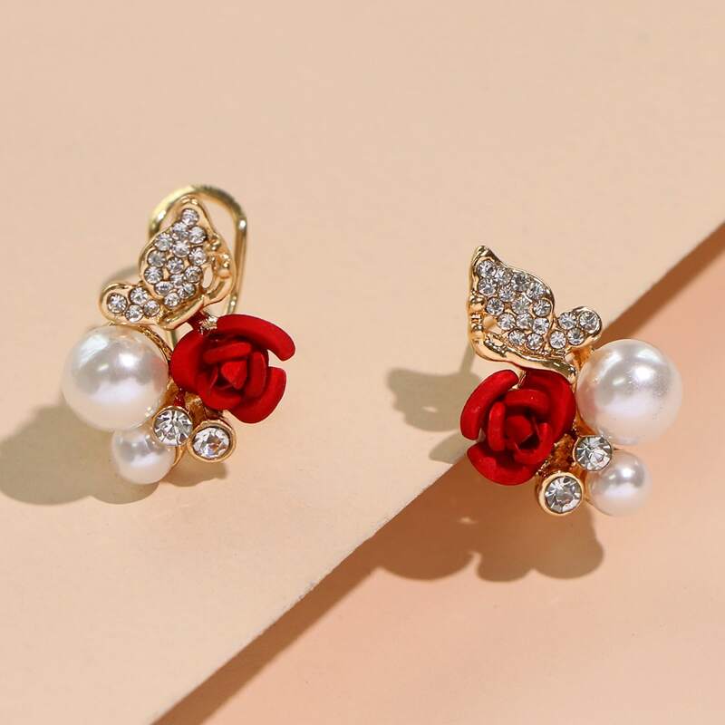 

1pair Faux Pearl & Rose Design Earrings, Multicolor