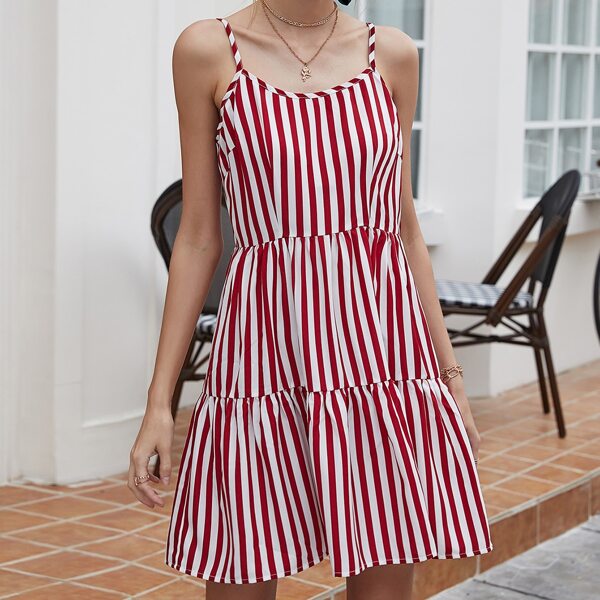 

Striped Ruffle Hem Cami Dress, Red