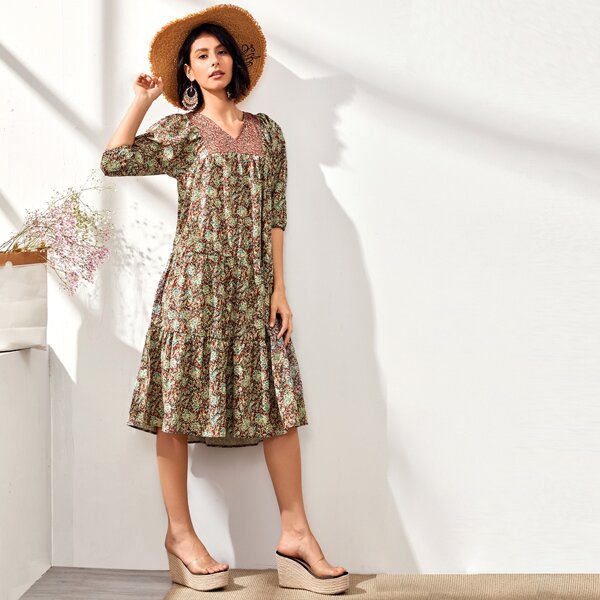 

Tribal & Floral Print Smock Dress, Multicolor