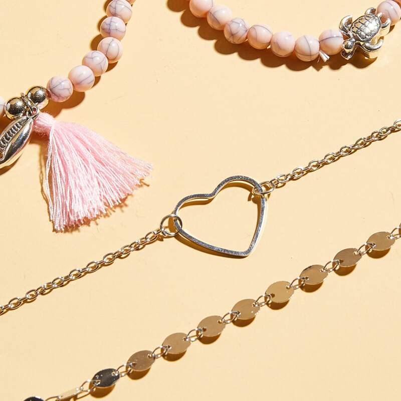 

4pcs Tassel & Shell Charm Heart & Tortoise Decor Bracelet, Multicolor