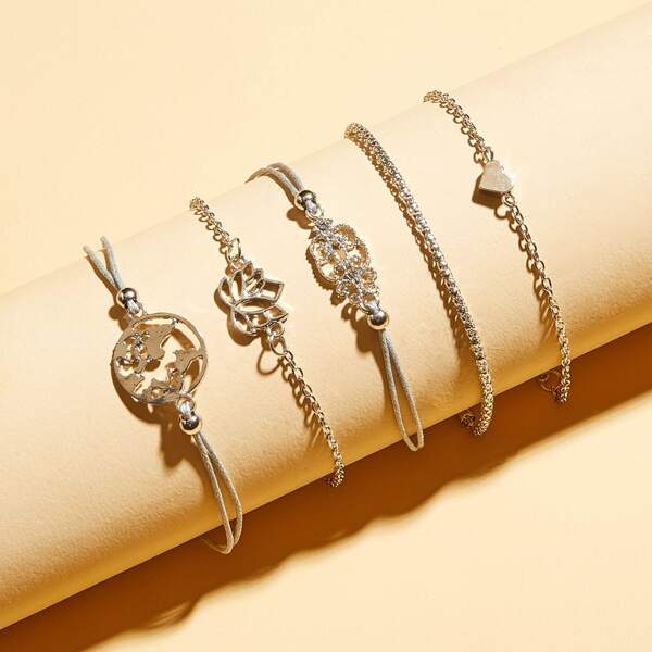 

5pcs Hollow Out Floral & Heart Decor Bracelet, Gold