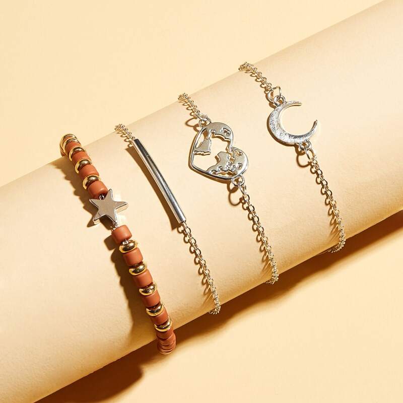 

4pcs Heart & Star Decor Bracelet, Multicolor