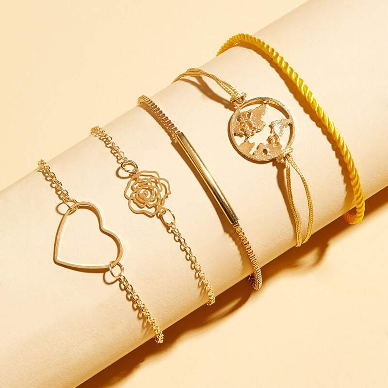 

5pcs Hollow Out Floral & Heart Decor Bracelet, Gold