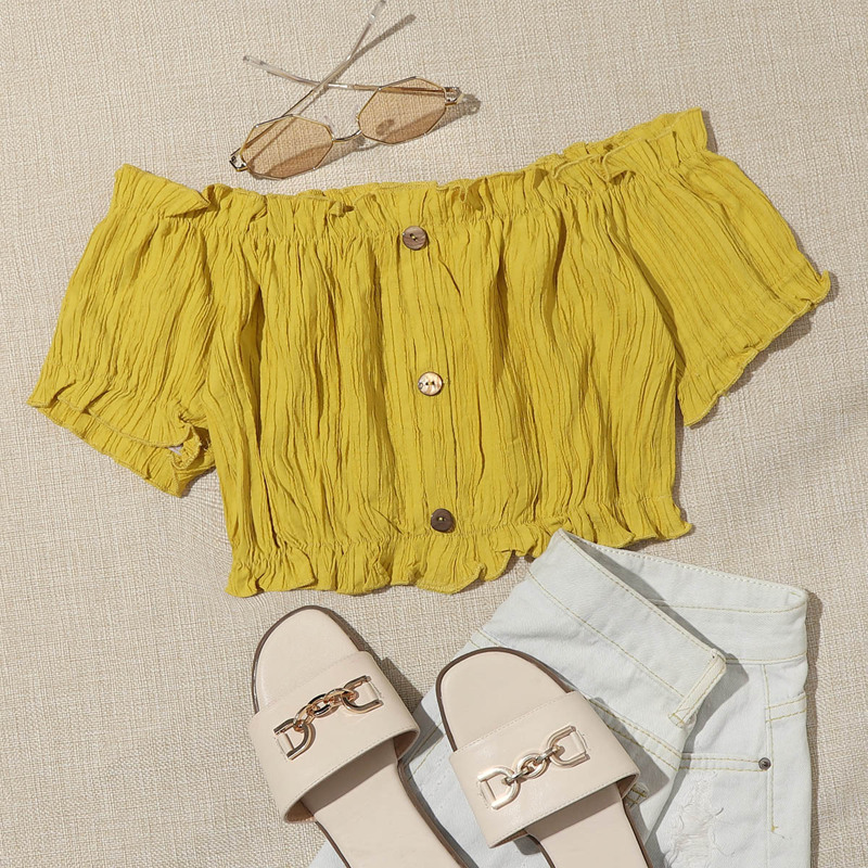 

Off Shoulder Button Frill Crop Top, Yellow