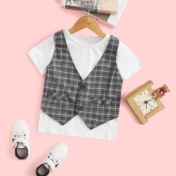 

Футболка с пуговицами в клетку для мальчиков, Многоцветный