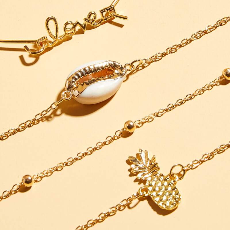 

4pcs Pineapple & Shell Decor Bracelet, Gold