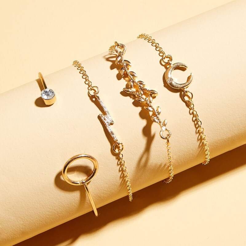 

4pcs Rhinestone Engraved Moon & Lightning Decor Bracelet, Gold