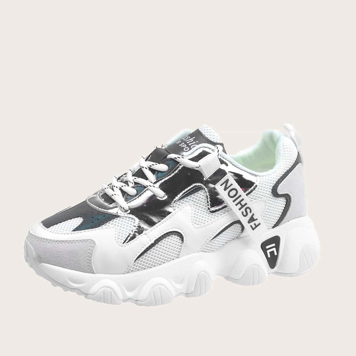 

Mesh Panel Letter Tape Decor Chunky Sneakers, White
