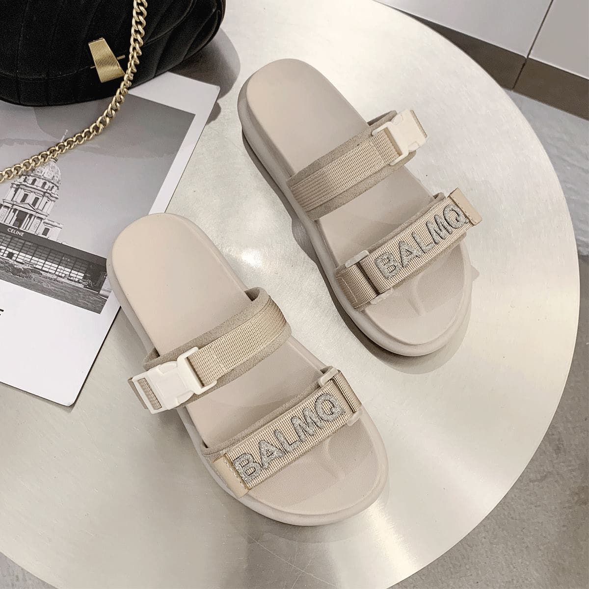 

Letter Graphic Release Buckle Sliders, Khaki