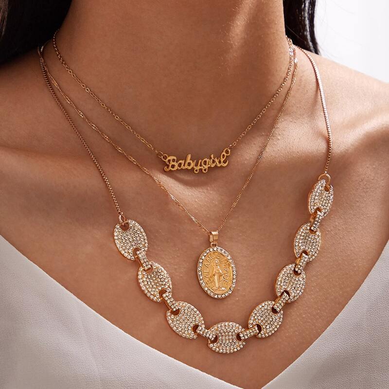 

3pcs Rhinestone Engraved & Letter Charm Necklace, Gold