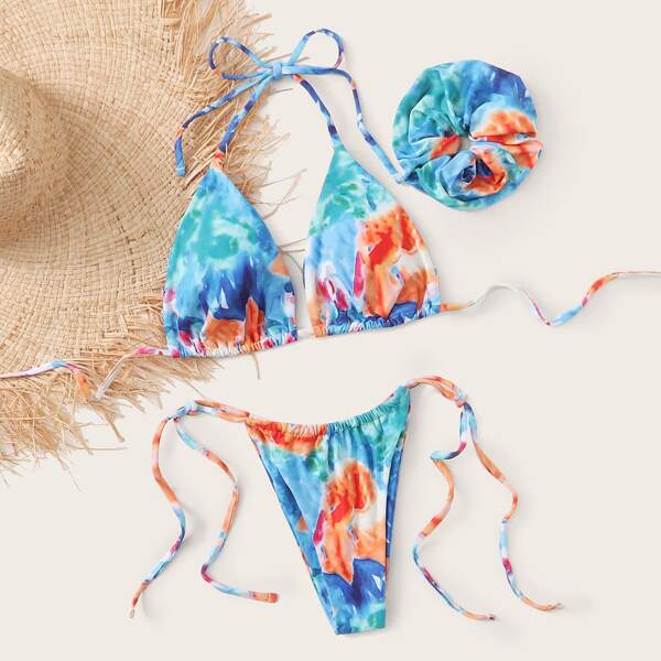 

Tie Dye Triangle Tie Side Bikini Swimsuit With Scrunchie, Multicolor