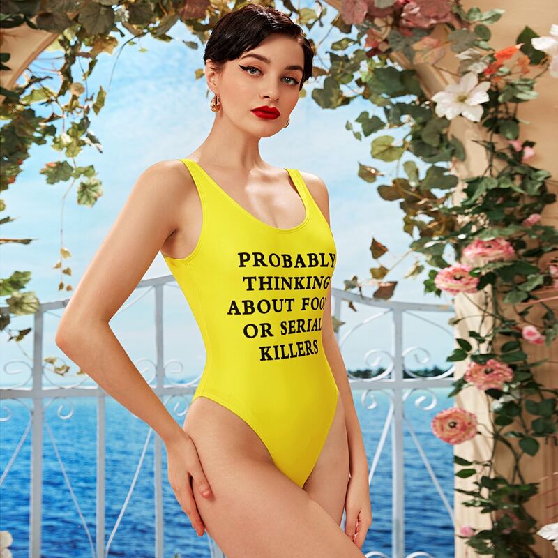 

Letter Graphic Open Back One Piece Swimsuit, Yellow