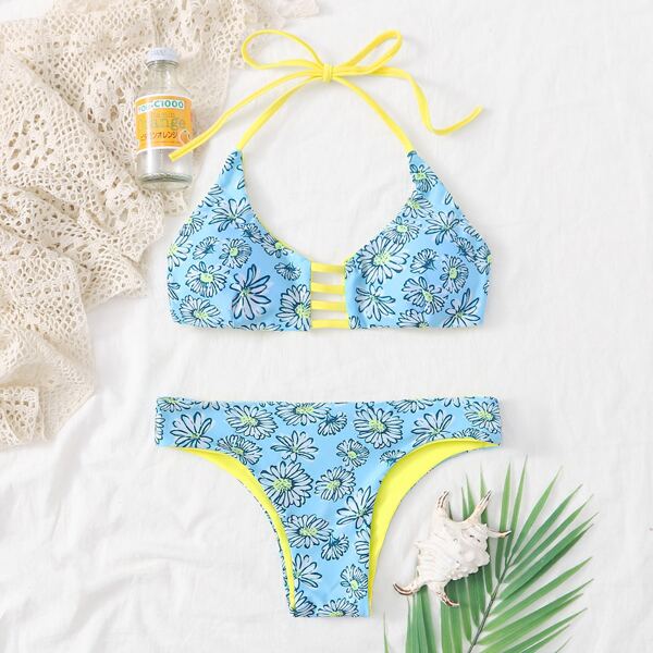 

Floral Cut-out Halter Bikini Swimsuit, Blue