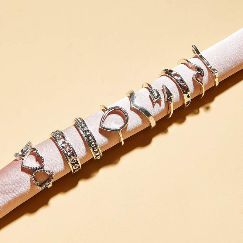 

9pcs Heart & Arrow Decor Ring, Silver
