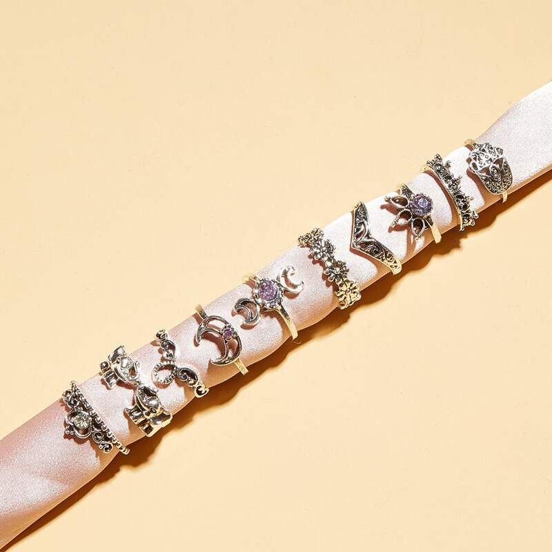 

10pcs Hollow Out Rhinestone Decor Elephant Decor Ring, Silver