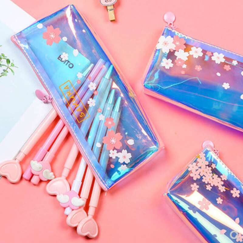 

1pc Floral Holographic Pencil Bag, Multicolor