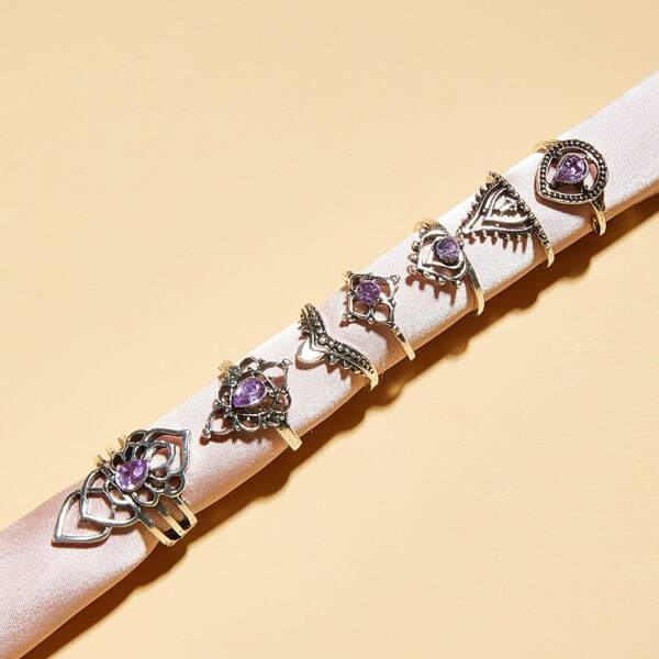 

7pcs Hollow Out Rhinestone Engraved Ring, Silver