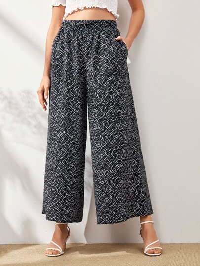 Polka Dot Drawstring Waist Wide Leg Pants