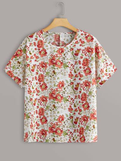 Plus Allover Floral Print Short Sleeve Blouse