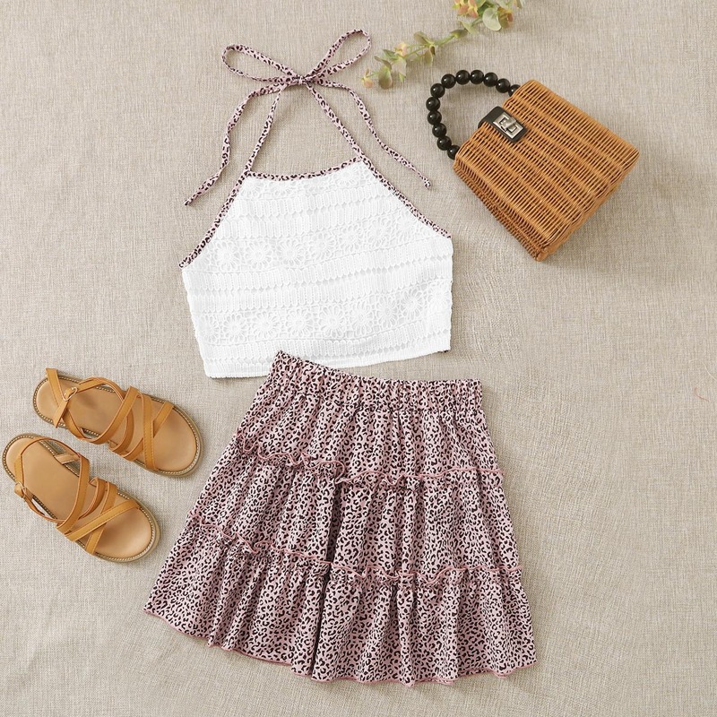

Contrast Lace Tie Back Halter Top With Frill Skirt, Multicolor