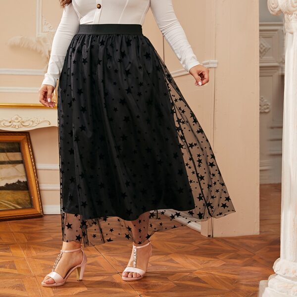 

Plus Elastic Waist Star Mesh Skirt, Black