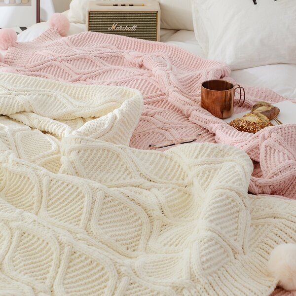 

1pc Pom Pom Decor Knitted Blanket, Multicolor