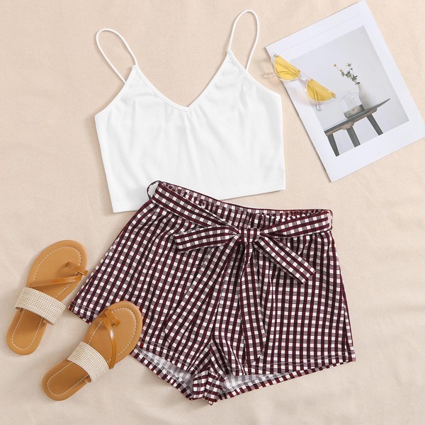 

Crop Cami Top & Belted Plaid Shorts Set, Multicolor