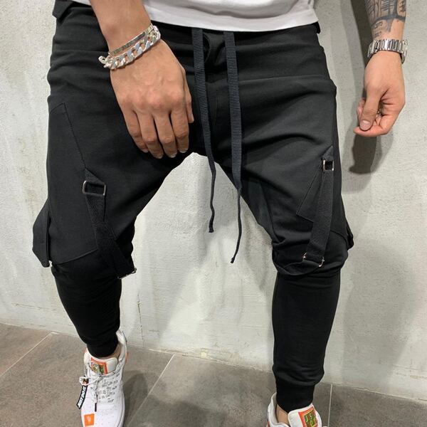 

Men Flap Pocket Solid Cargo Pants, Black