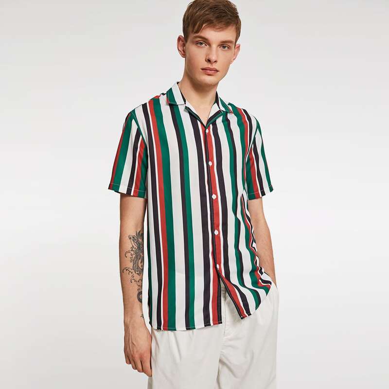 

Guys Notch Collar Striped Shirt, Multicolor