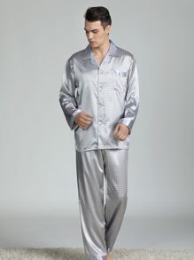 Men Lapel Allover Print Satin PJ Set / Pajama Set - Grey - View 5