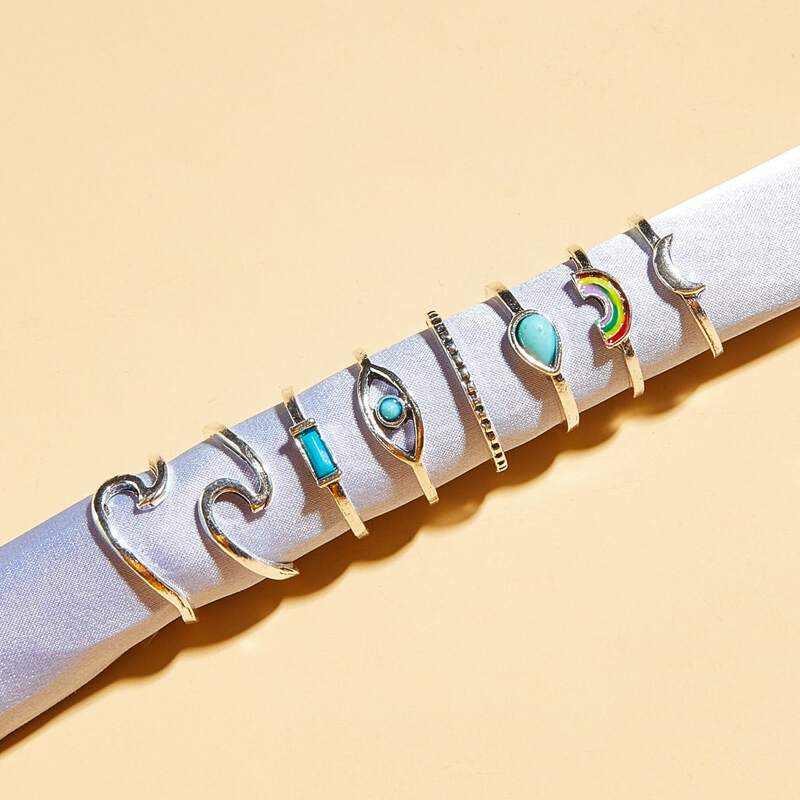 

8pcs Turquoise & Rainbow Decor Ring, Silver