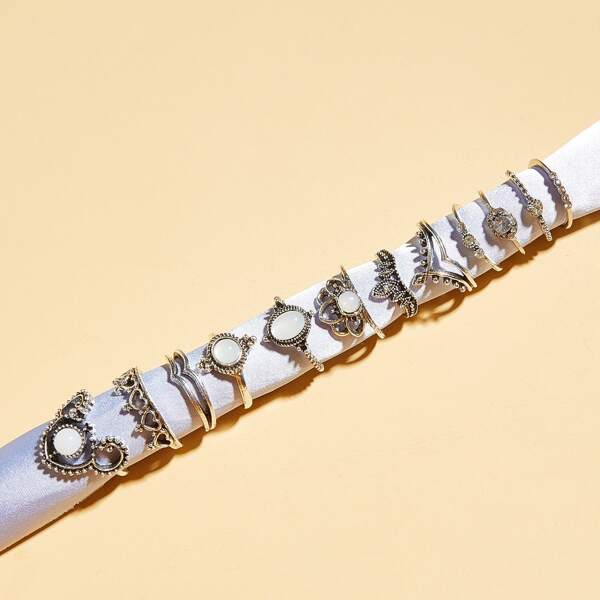 

12pcs Rhinestone Decor Crown Design Ring, Silver