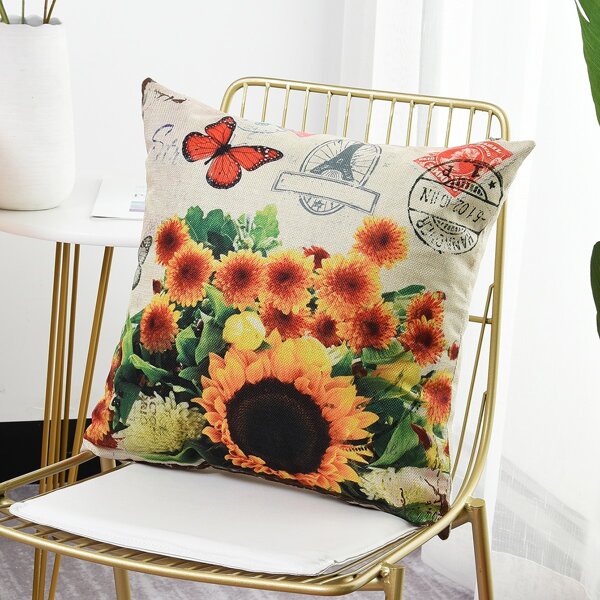

Sunflower Print Cushion Cover Without Filler, Multicolor