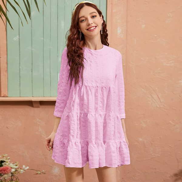 

Ruched Ruffle Hem Smock Dress, Pink