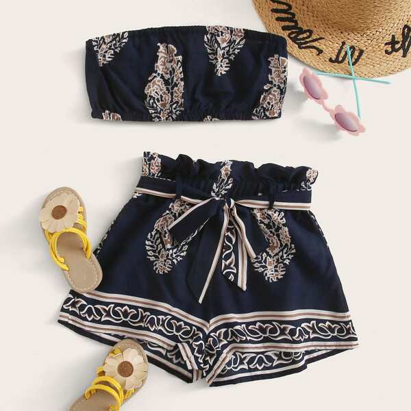 

Girls Tribal Tube Top and Paperbag Waist Shorts Set, Navy blue