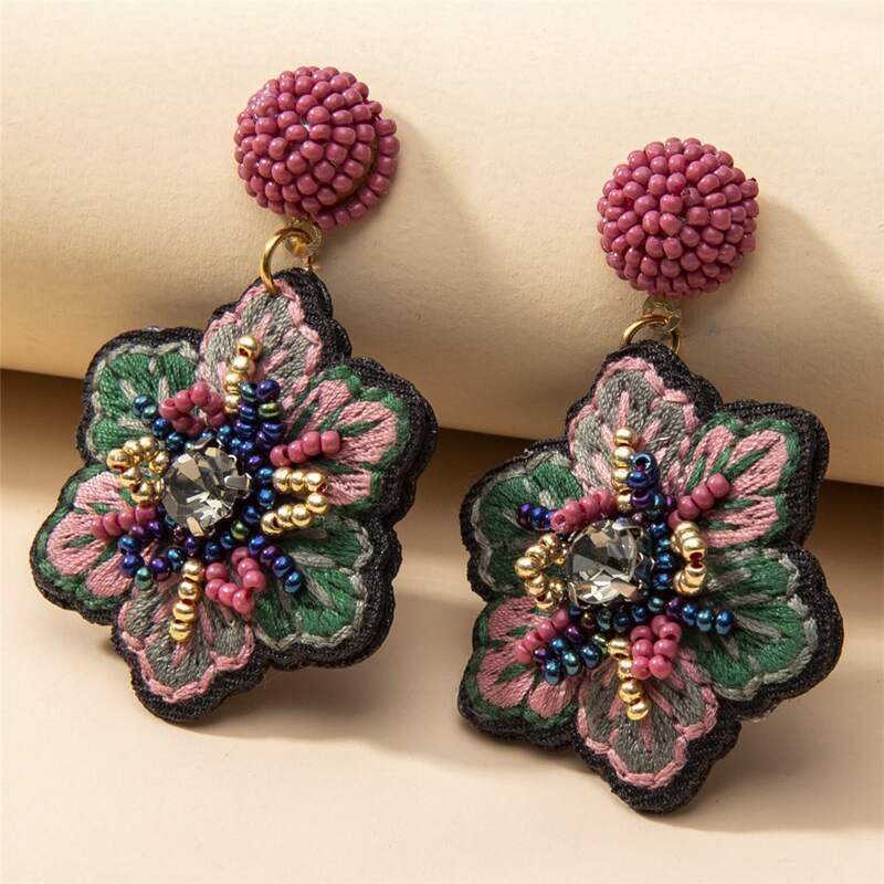 

1pair Rhinestone Decor Beaded Flower Shaped Drop Earrings, Multicolor
