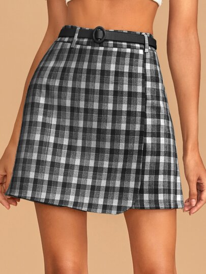 Plaid Belted Wrap Skirt