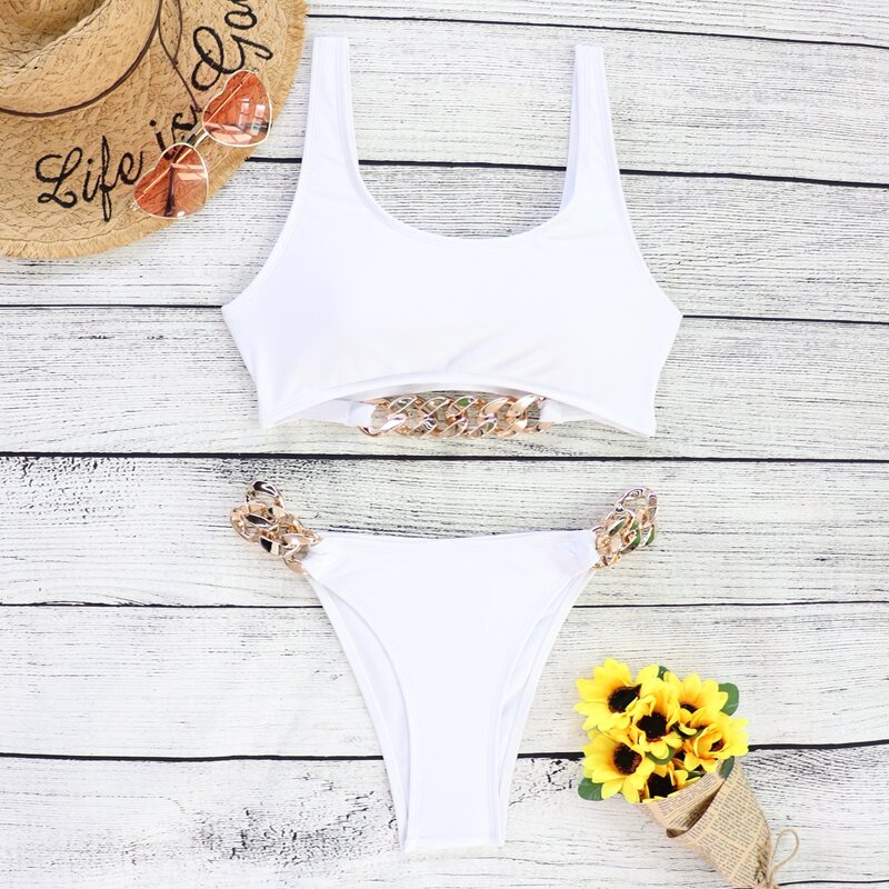 

Chain Linked Cut Out Front Bikini Swimsuit, White