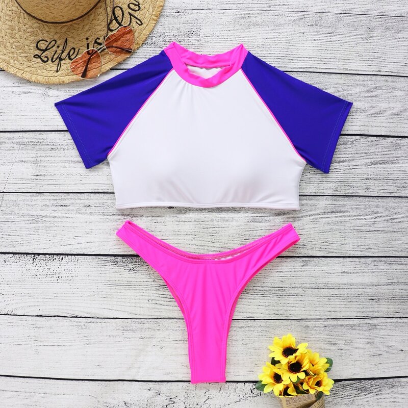 

Colorblock Short Sleeve High Cut Bikini Swimsuit, Multicolor