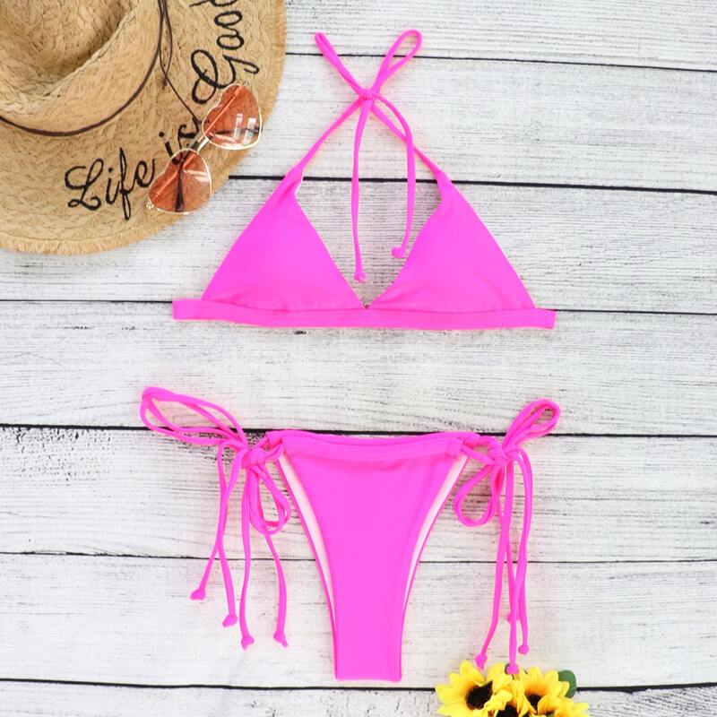 

Triangle Tie Side Bikini Swimsuit, Pink bright