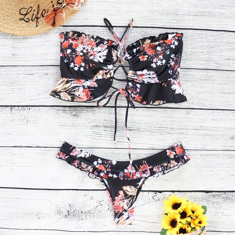 

Floral Ruffle Tie Back Bikini Swimsuit, Black