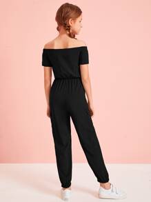 SHEIN 女孩露肩拉鏈半開襟翻蓋側口袋連身長褲 - 黑色 - 查看 2