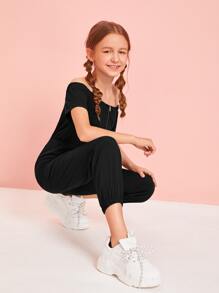 SHEIN 女孩露肩拉鏈半開襟翻蓋側口袋連身長褲 - 黑色 - 查看 4