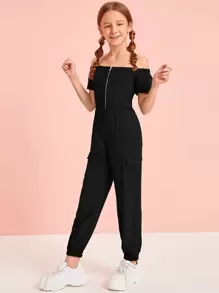 SHEIN 女孩露肩拉鏈半開襟翻蓋側口袋連身長褲 - 黑色 - 查看 1