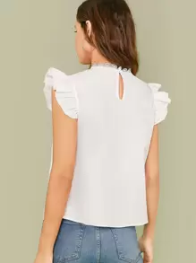 SHEIN Keyhole Back Ruffle Armhole Embroidery Top - White - View 2