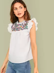 SHEIN Keyhole Back Ruffle Armhole Embroidery Top - White - View 5