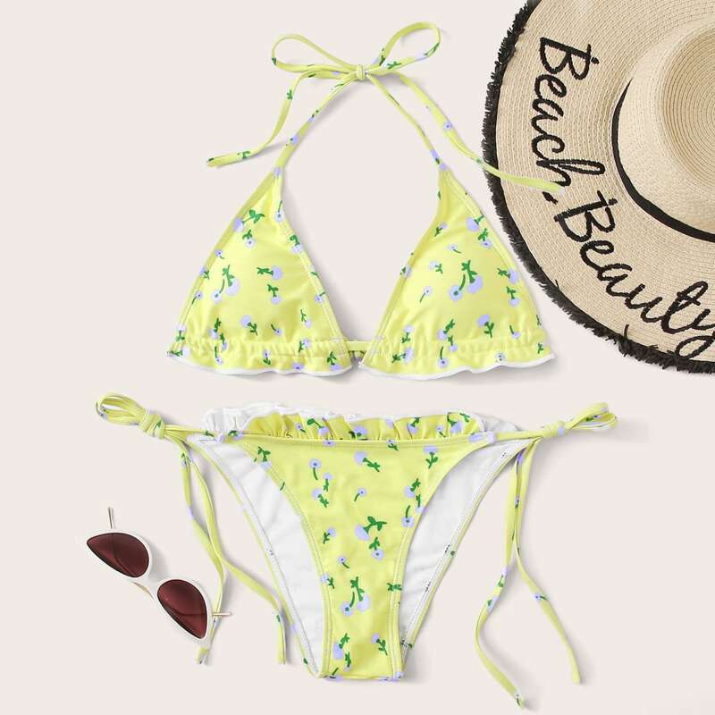 

Floral Frill Triangle Bikini Swimsuit, Yellow