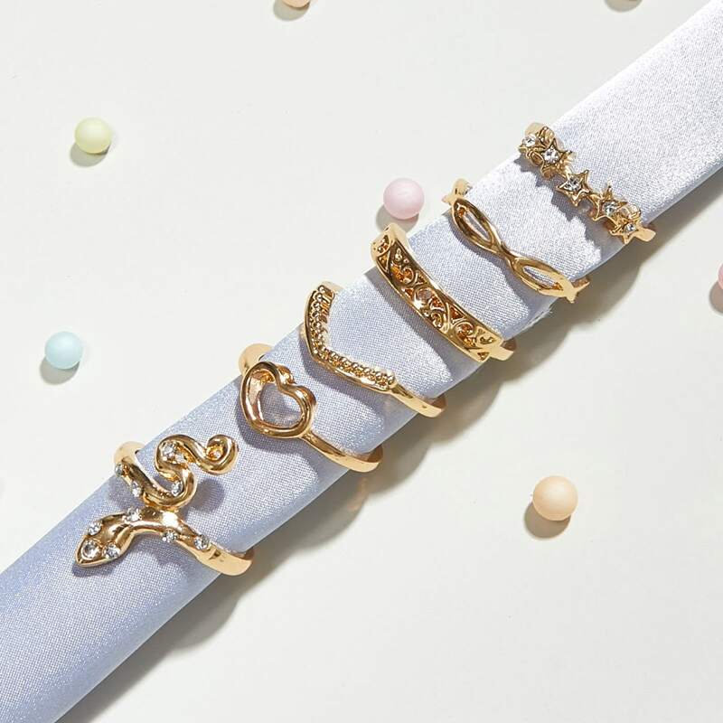 

6pcs Rhinestone Engraved Serpentine & Heart Decor Ring, Gold