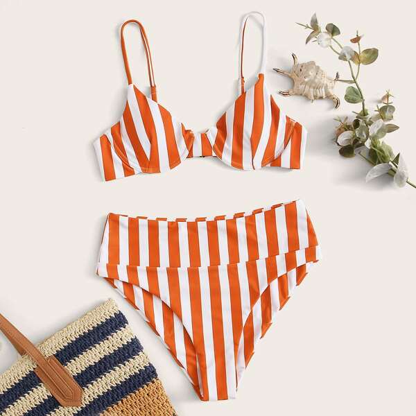 

Striped Underwire High Waisted Bikini Swimsuit, Orange