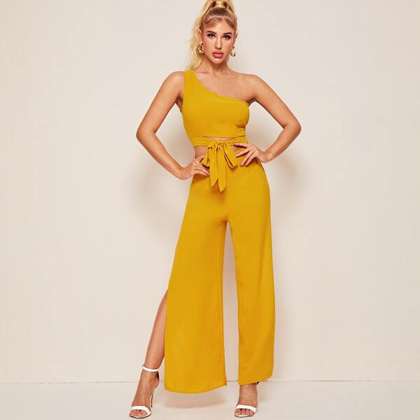 

One Shoulder Tie Hem Top and High Split Pants Set, Yellow bright